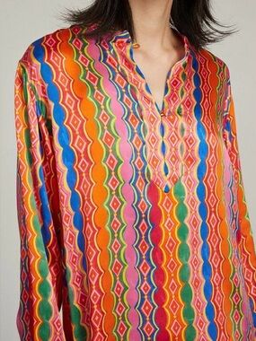 SALONI Kurta Silk Vibrant Multicolor Geometric Tunic Top Pristine US Size 12